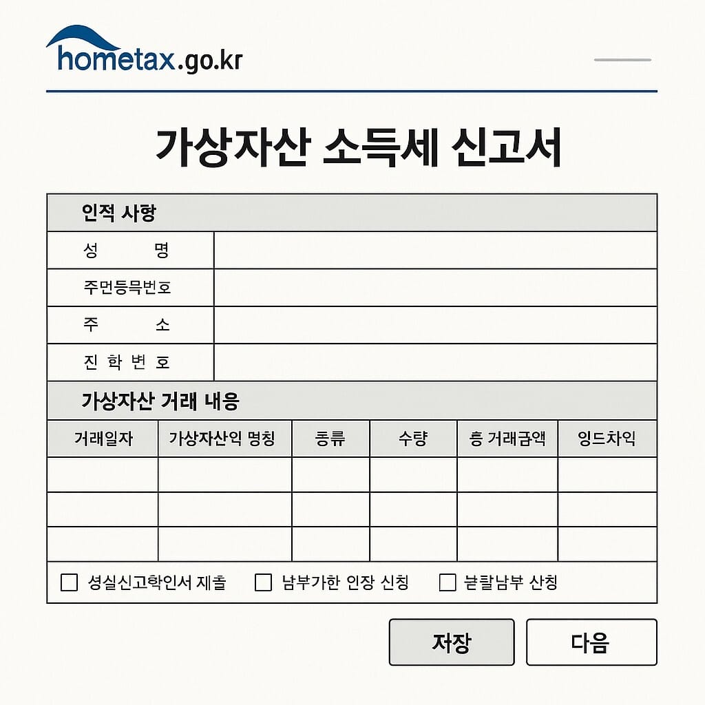 홈택스 코인 세금 신고서 작성 화면 예시