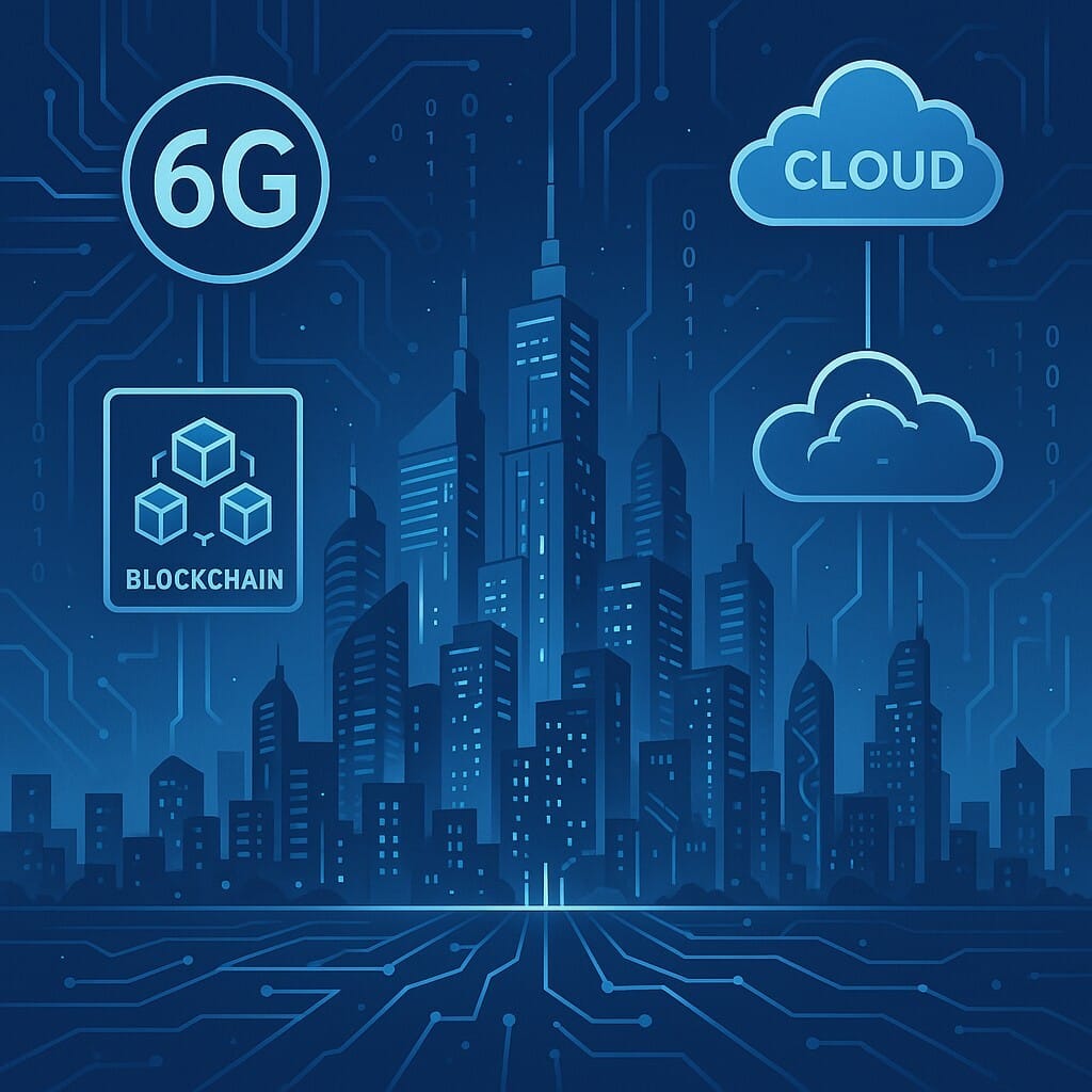 6G, 클라우드, 블록체인 등 미래 네트워크 기술이 융합된 디지털 도시 이미지